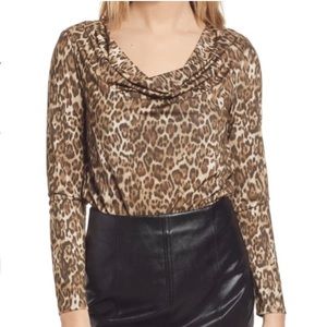Wayf Solano Ruched Drape Neck Leopard Animal Print Long Sleeve  Bodysuit Size L